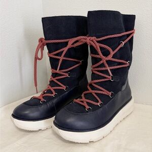 Fillip Skandi tall chunky boots wool calf navy blue lace up size 8